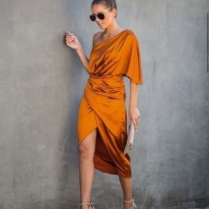 VICI persimmon one shoulder draped dress